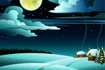 Картинка векторная+графика природа+ nature домики зима снег луна облака деревья