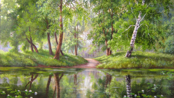 Картинка рисованное природа река лес