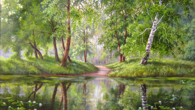 Обои картинки фото рисованное, природа, река, лес
