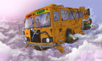 Картинка рисованное комиксы мужчины фон полет автобус