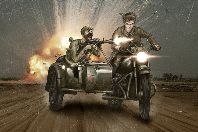 Обои картинки фото рисованное, армия, мужчины, фон, мотоцикл, пулемет