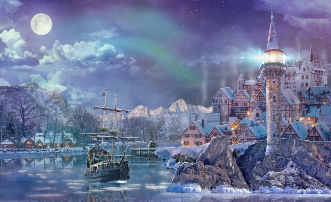 Обои картинки фото рисованное, города, корабль, зима, горы, фон, город