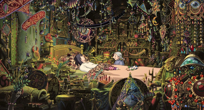 Обои картинки фото аниме, howl`s moving castle, мужчина, кровать, старушка, украшения