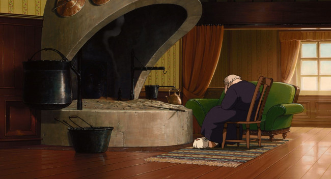 Обои картинки фото аниме, howl`s moving castle, старушка, камин, стул, кресло