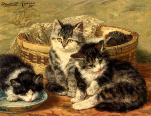 Картинка рисованное henriette+ronner-knip котята блюдце корзина