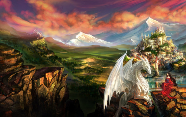 Обои картинки фото фэнтези, драконы, эльфийка, девушка, горы, замок, дракон, пейзаж