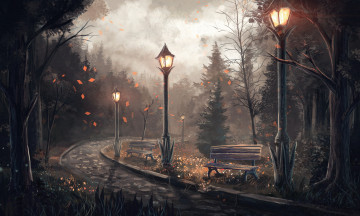 Картинка рисованные природа осень парк ели деревья фонари