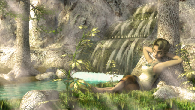 Обои картинки фото 3д графика, эльфы , elves, водопад, сон, эльфийка