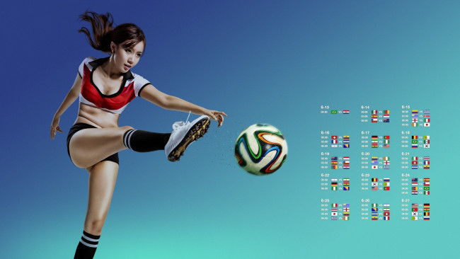 Обои картинки фото спорт, футбол, девушка, мяч, азиатка, фон
