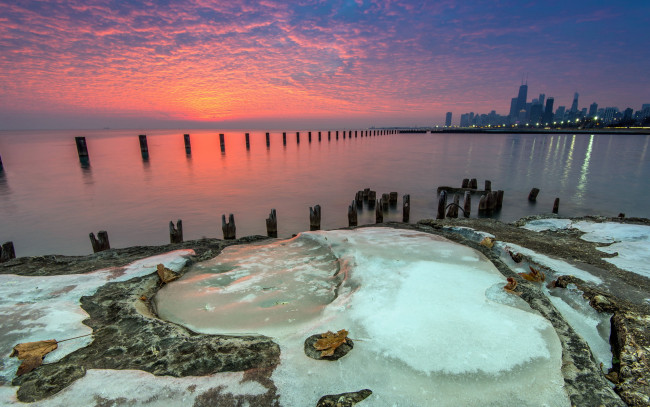 Обои картинки фото города, нью-йорк , сша, Чикаго, мичиган, лед, озеро, вода, восход, солнца, пляж