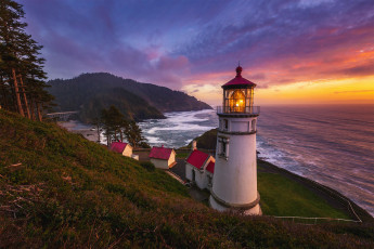 Картинка природа маяки маяк закат море побережья орегона пейзаж