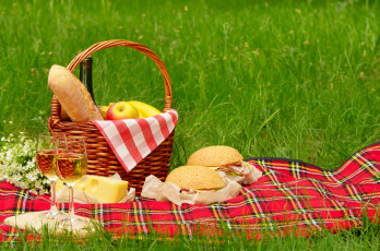 Картинка еда разное пикник корзинка вино гамбургеры сыр фрукты