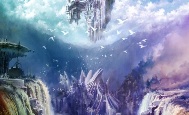 Обои картинки фото видео игры, aion,  the tower of eternity, горы, город, водопад, птицы
