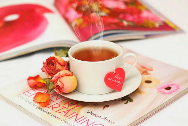 Обои картинки фото еда, напитки,  чай, чашка, надпись, чай, розы