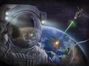 Картинка фэнтези люди планета скафандр астронавт космос арт земля спутник луч