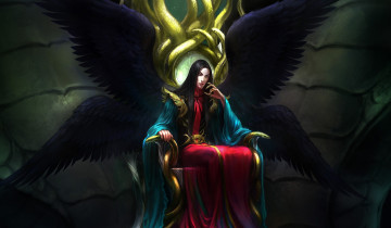 Картинка фэнтези существа парень арт крылья змеи трон