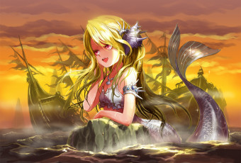 Картинка аниме животные +существа ume illegal bible девушка русалка корабль крушение ракушка чешуя украшение небо облака ветер закат шторм камень браслет хвост