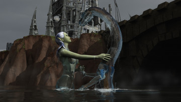 Картинка 3д+графика эльфы+ elves дракон вода замок фон взгляд эльфийка скала