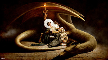 Картинка фэнтези красавицы+и+чудовища темнота свеча сидит кресло платье девушка дракон