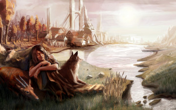 Картинка фэнтези иные+миры +иные+времена девушка мост водоем животные город горы деревья