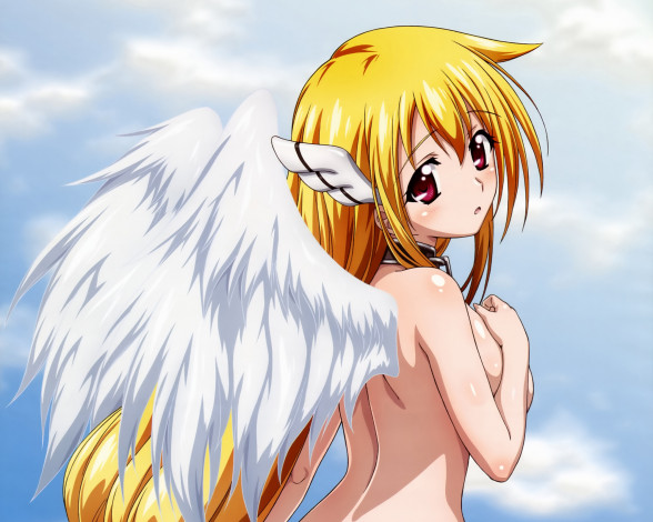 Обои картинки фото аниме, sora no otoshimono, ангел, крылья, ошейник, цепь, небо, ушки, облака, astraea, девушка