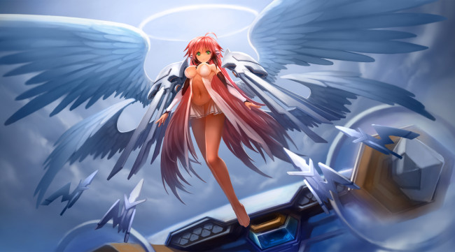 Обои картинки фото аниме, sora no otoshimono, ikaros, hanshu, девушка, ангел, крылья, нимб, броня, оружие, небо, облака, доспехи, ушки, цепь