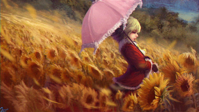 Обои картинки фото аниме, touhou, зонт, поле, девушка, арт, matsura, ichirou, kazami, yuuka