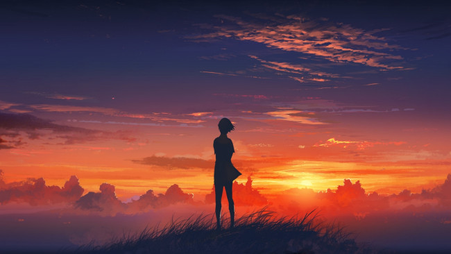 Обои картинки фото рисованное, люди, девушка, закат, трава, гора, облака, небо