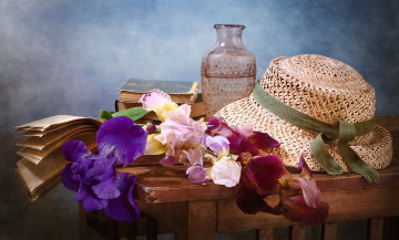 Картинка разное одежда +обувь +текстиль +экипировка ирисы столик ваза цветы книги шляпа