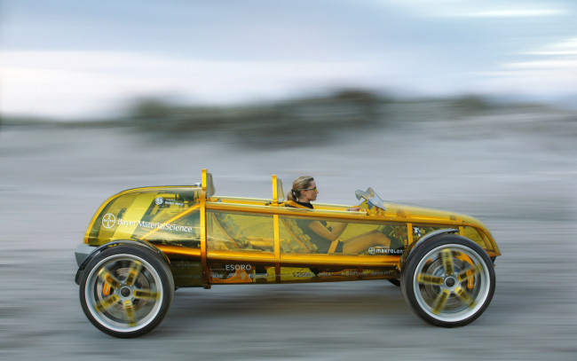 Обои картинки фото amswiss rinspeed exasis, автомобили, rinspeed, девушка, скорость, желтый