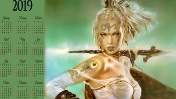 Картинка календари фэнтези воительница девушка ооужие взгляд тату рисунок calendar 2019