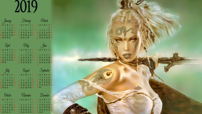 Обои картинки фото календари, фэнтези, воительница, девушка, ооужие, взгляд, тату, рисунок, calendar, 2019