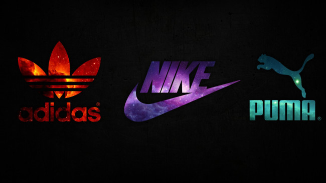 Обои картинки фото бренды, - другое, nike, adidas, puma, космос, логотип, красный, фиолетовый, бирюзовый, черный, фон, cпортивная, одежда, обувь