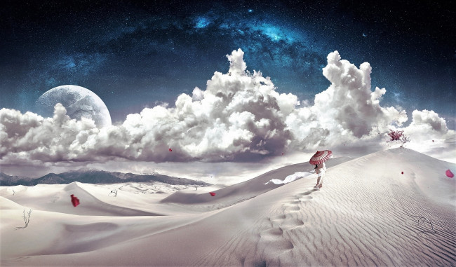 Обои картинки фото разное, компьютерный дизайн, девушка, зонт, дерево, пустыня, облака