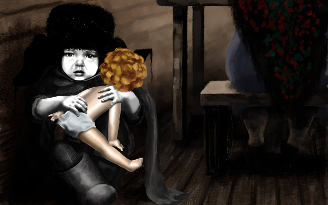 Обои картинки фото 295257, рисованное, дети, кукла, шапка, ушанка