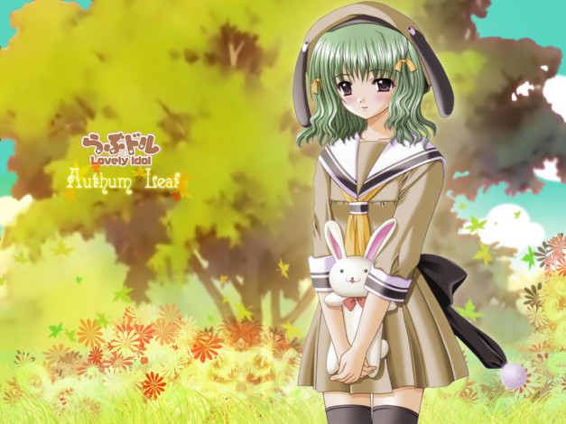 Обои картинки фото аниме, *unknown, другое, девушка, лес, дерево, кролик, игрушка, шапка, небо, цветы, бант