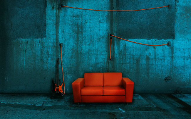 Обои картинки фото 3д, графика, realism, реализм, стена, диван, гитара