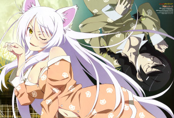Картинка аниме bakemonogatari пижама сон hanekawa+tsubasa девушка ушки кошка клыки