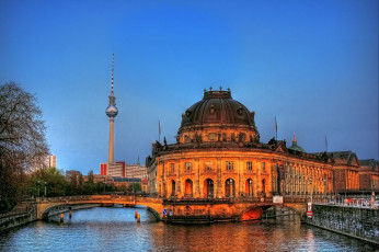 обоя города, берлин, германия, мост, вечер, музей, здание, река