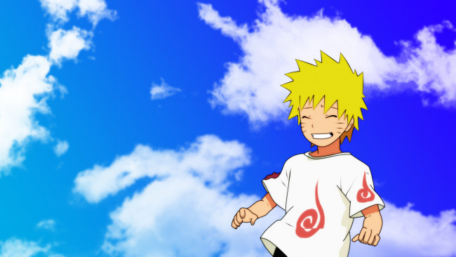 Обои картинки фото аниме, naruto, небо, облака, день, мальчик, наруто, улыбка