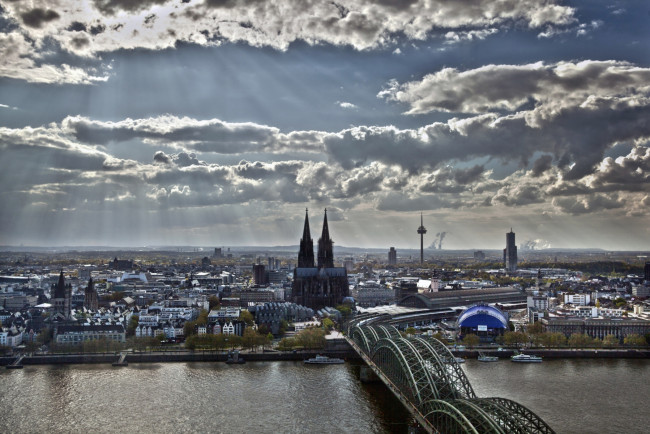 Обои картинки фото города, кельн, германия, собор, облака, мост, река