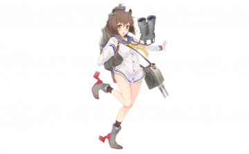 Картинка аниме kantai+collection art kagerou девушка yukikaze destroyer удивление смущение жест оружие простой фон kantai collection