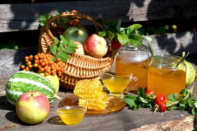 Обои картинки фото еда, мёд,  варенье,  повидло,  джем, рябина, соты, мед, тыква, овощи, фрукты, лето, шиповник, яблоки