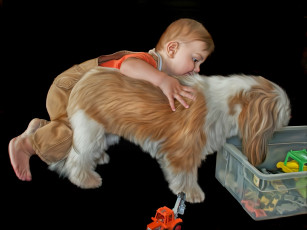 Картинка рисованное дети собака мальчик черный фон игрушки