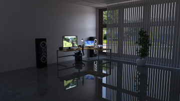 Картинка 3д+графика реализм+ realism комната компьютер колонки стол