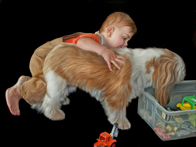 Обои картинки фото рисованное, дети, собака, мальчик, черный, фон, игрушки