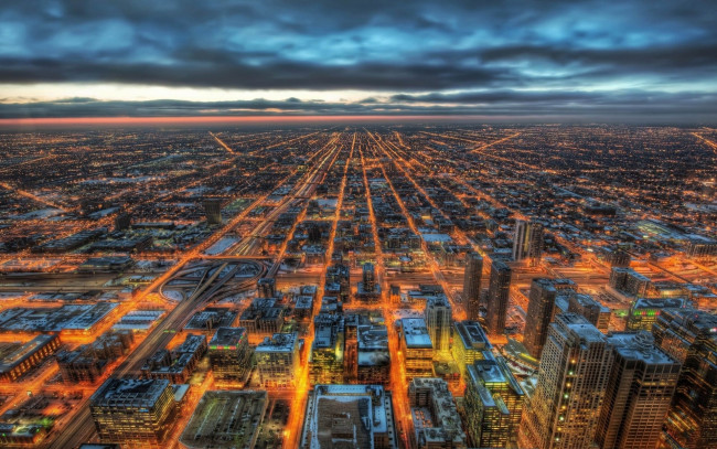 Обои картинки фото города, Чикаго , сша, тучи, панорама, улицы, огни, город