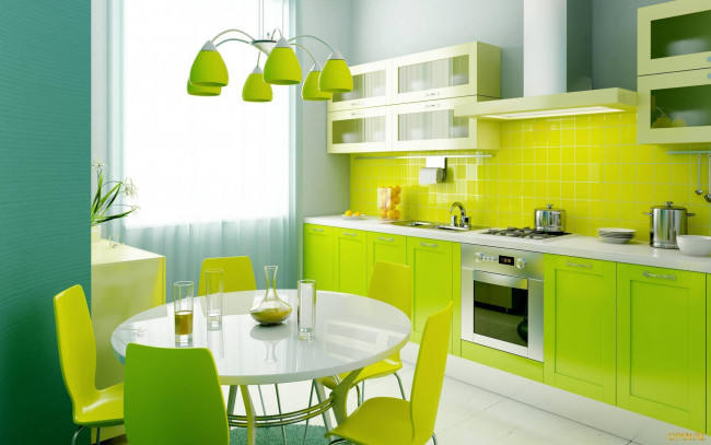 Обои картинки фото интерьер, кухня, стиль, зеленый, лампа, стол, ваза