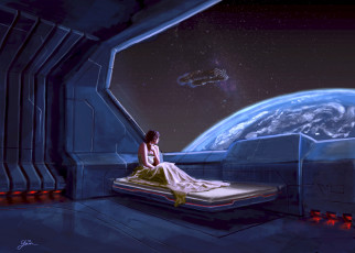 Картинка фэнтези девушки звездолёт планета девушка космос