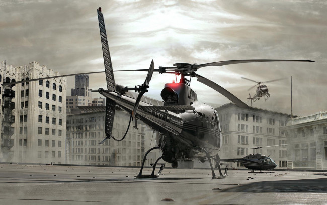 Обои картинки фото авиация, 3д, рисованые, graphic, вертолеты, город